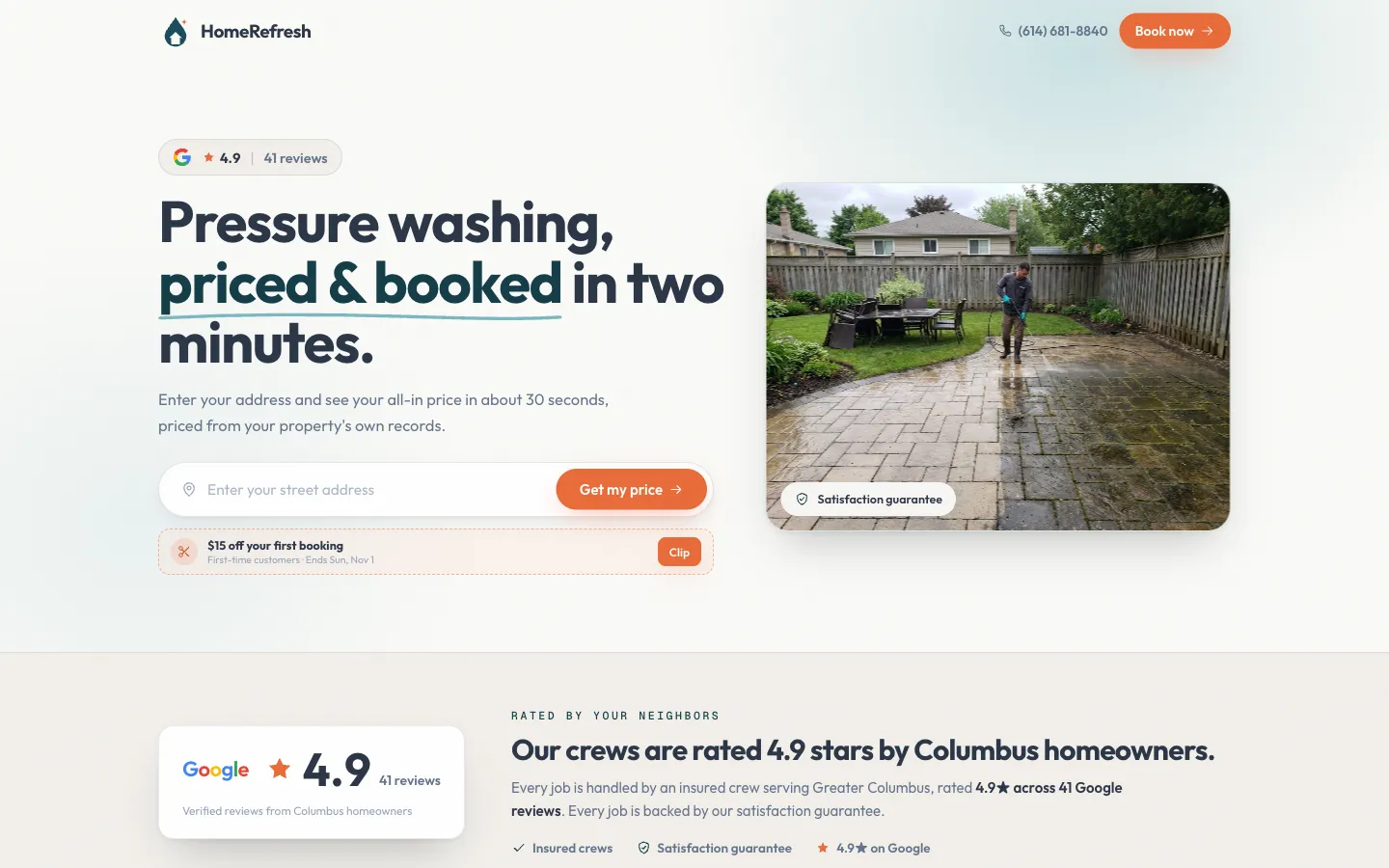 The HomeRefresh homepage with its instant price form