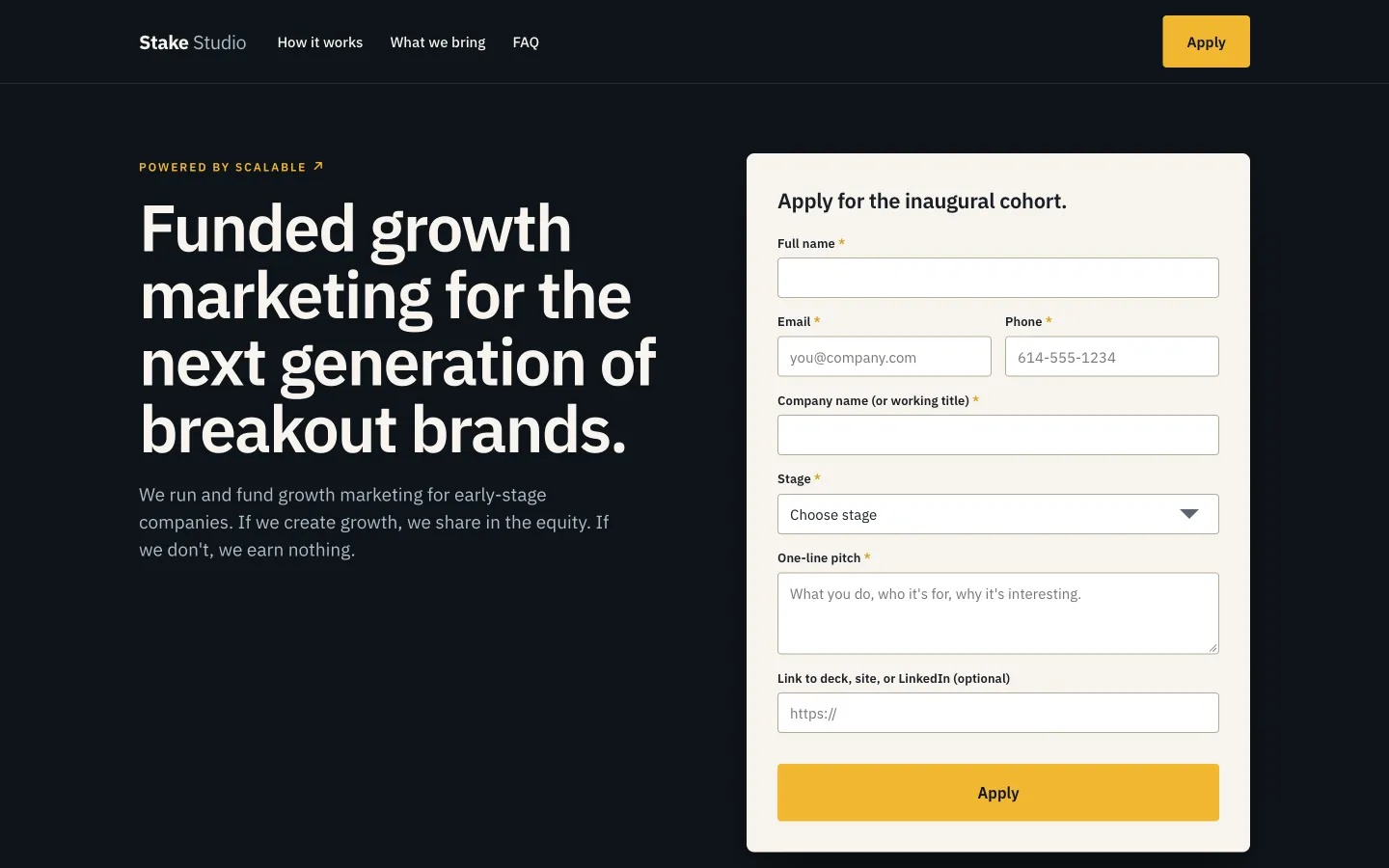The Stake Studio homepage with its cohort application